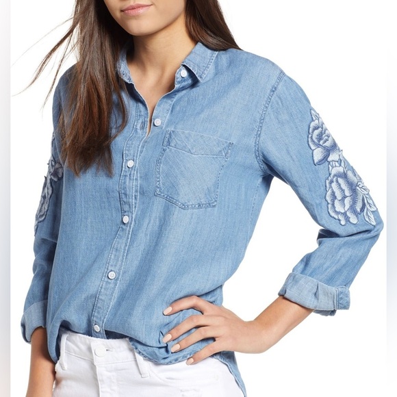 Rails Tops - RAILS - Ingrid Floral Embroidered Patches Chambray Shirt Size XS